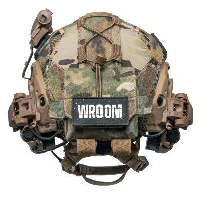 Ballistic Helmet FAST NIJ IIIA, Coyote, with Earmor M32(X) active headset, tactical flashlight, and Multicam cover