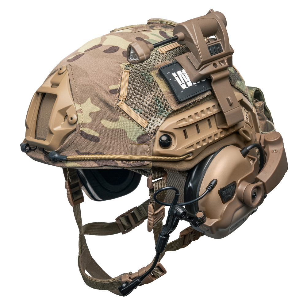 Ballistic Helmet FAST NIJ IIIA, Coyote, with Earmor M32(X) active headset, tactical flashlight, and Multicam cover