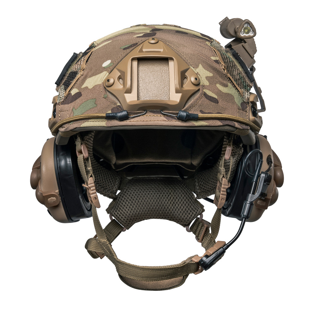 Ballistic Helmet FAST NIJ IIIA, Coyote, with Earmor M32(X) active headset, tactical flashlight, and Multicam cover