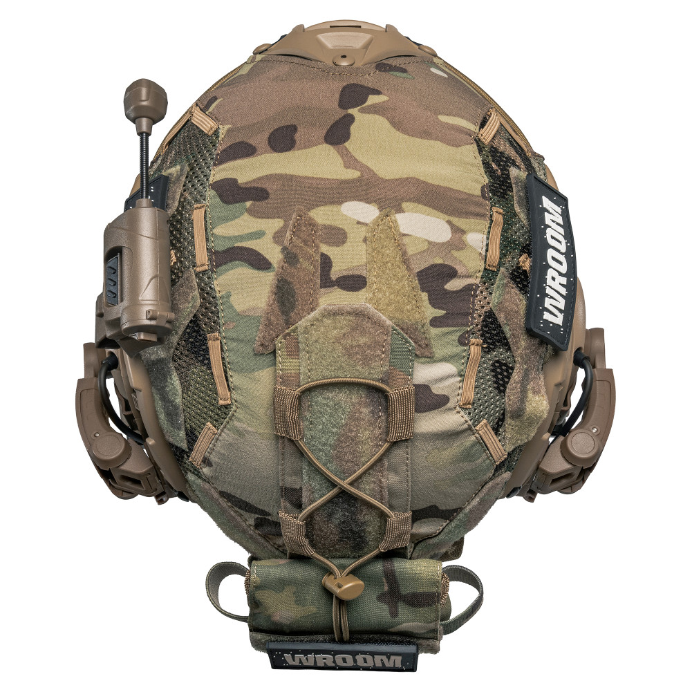 Ballistic Helmet FAST NIJ IIIA, Coyote, with Earmor M32(X) active headset, tactical flashlight, and Multicam cover