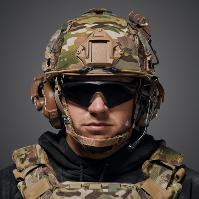 Ballistic Helmet FAST NIJ IIIA, Coyote, with Earmor M32(X) active headset, tactical flashlight, and Multicam cover