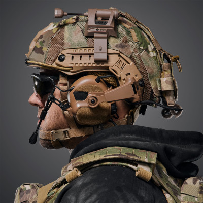 Ballistic Helmet FAST NIJ IIIA, Coyote, with Earmor M32(X) active headset, tactical flashlight, and Multicam cover