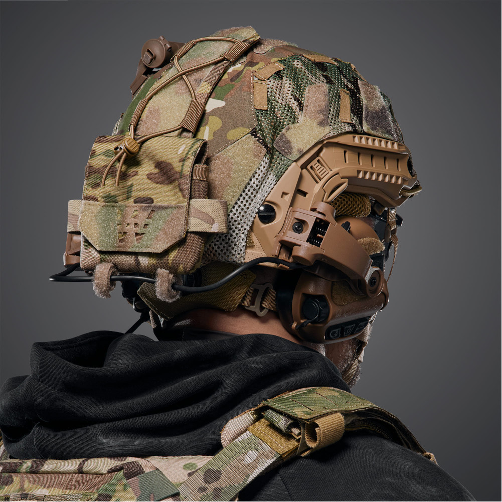 Ballistic Helmet FAST NIJ IIIA, Coyote, with Earmor M32(X) active headset, tactical flashlight, and Multicam cover