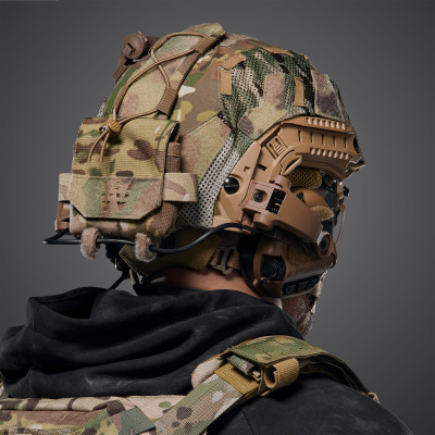 Ballistic Helmet FAST NIJ IIIA, Coyote, with Earmor M32(X) active headset, tactical flashlight, and Multicam cover