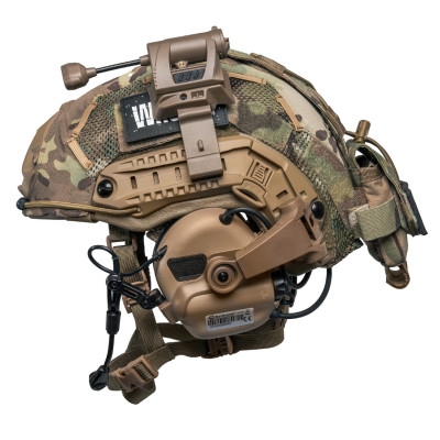 Ballistic Helmet FAST NIJ IIIA, Coyote, with Earmor M32(X) active headset, tactical flashlight, and Multicam cover