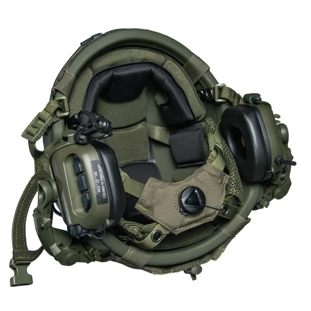 Балістичний бронешолом Fast NIJ IIIa олива з активними навушниками Earmor M32 (X), ліхтариком, кавер маскувальне листя