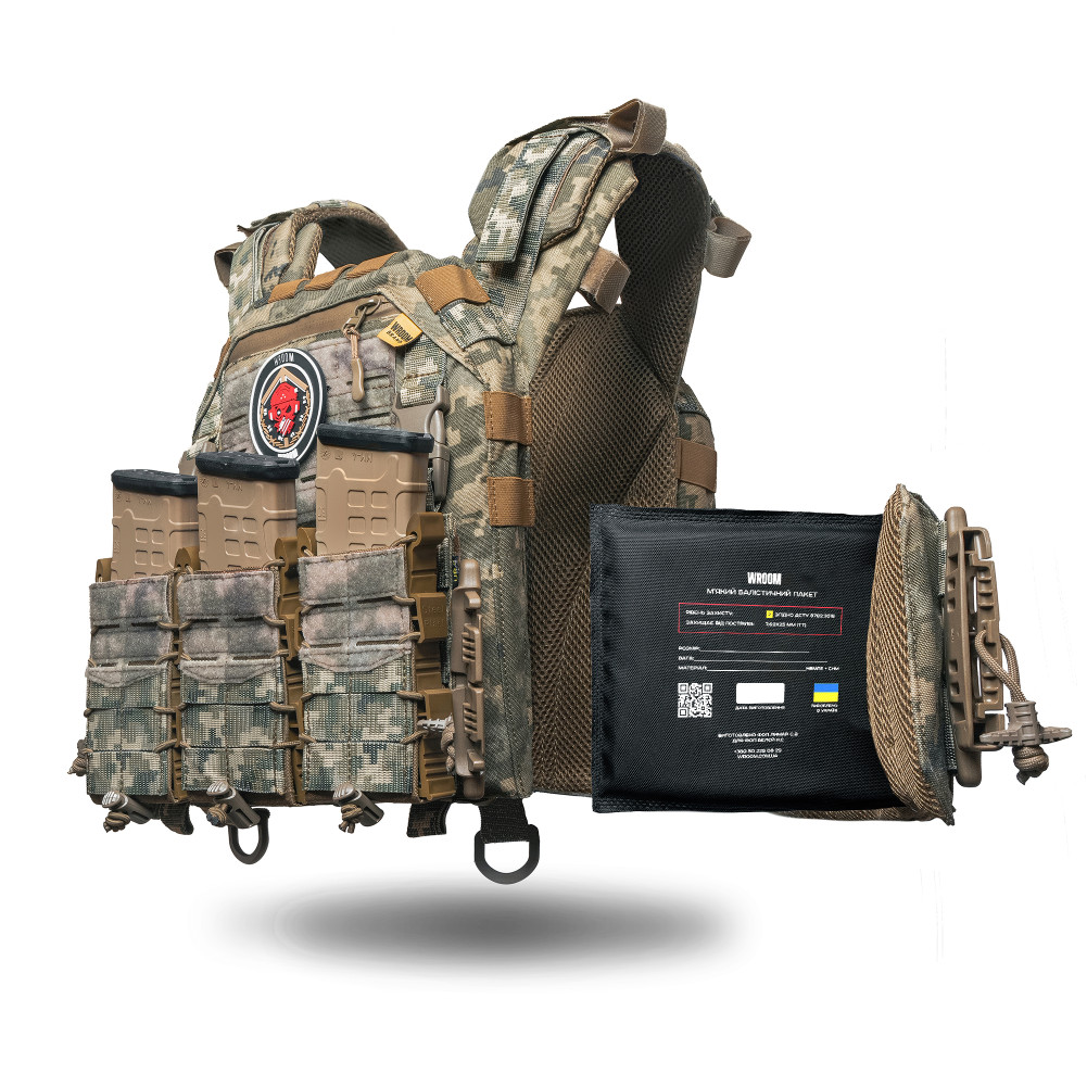 Бронежилет 6 класу «Ghost Gen4 V1+» з балістичним захистом 2 класу, системою швидкого скидання + 3 підсумки, колір піксель
